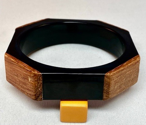 BB239 black octagon bakelite bangle with wood corners